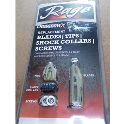 RAGE CROSSBOWX CROSSBOW X REPLACEMENT BLADES, TIPS, SHOCK COLLARS, AND SCREWS FOR 3 BROADHEADS