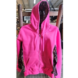 WFS C423-NEONPINK/409-M WOMEN'S NEON PINK AND BURLY CAMO ZIP UP HOODIE SIZE MEDIUM